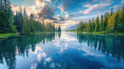 Fototapeta premium High-end photography of a tranquil lake surrounded by pine trees, with the sky reflected in the water