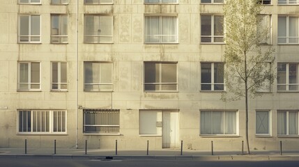 Obraz premium Parisian minimalist building, full wall with windows and doors, warm afternoon light, peaceful urban atmosphere, no people around.