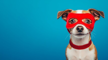 Fototapeta premium Dog super hero costume little jack russell wearing a red mask for carnival party isolated blue background