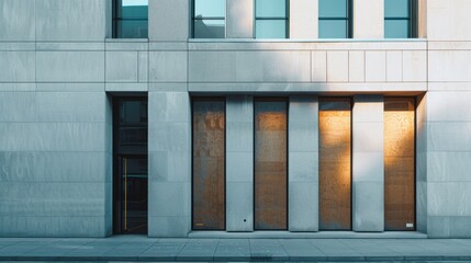Parisian minimalist building, modern design, full wall with windows and doors, warm sunlight, serene urban scene, no people visible.