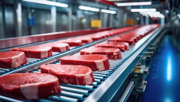  An orderly array of raw red steaks lines a conveyor in a cool, industrial setting, highlighting precision and uniformity in the meat production process 