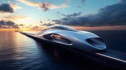 Obraz premium A futuristic concept car cruising along a coastal bridge at sunrise with shimmering water below.