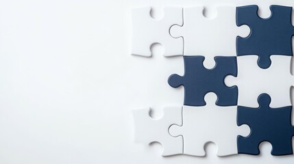 Fototapeta premium A partially completed puzzle with blue and white pieces against a plain background.