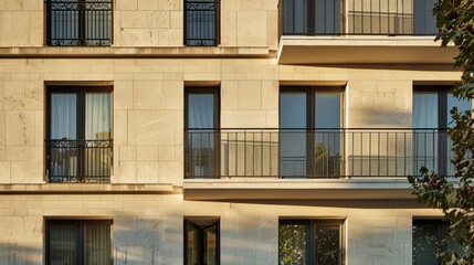 Fototapeta premium Parisian minimalist building, modern facade, facing a wall with windows and doors, warm sunlight, serene urban scene, no people visible.