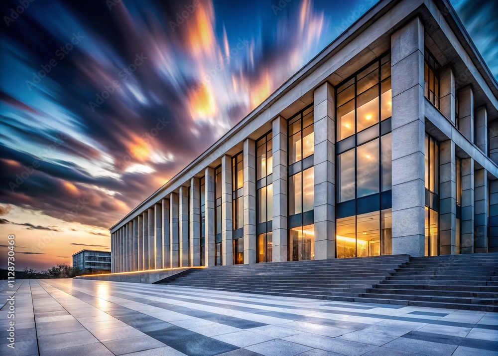 Poster captivating long exposure of a low angle view showcasing a modern marble building with small and lon