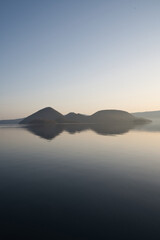 洞爺湖の中島と夕焼けの青空
