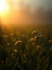 Obraz premium Small delicate flowers with intricate details backlit by soft warm light on a dark green field background with misty atmosphere and subtle texture, backlit flowers, floral, atmospheric