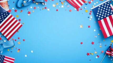 Obraz premium Happy Presidents Day banner with grosgrain ribbon American flags and confetti stars on blue background USA Independence Day American Labor day Memorial Day US election concept
