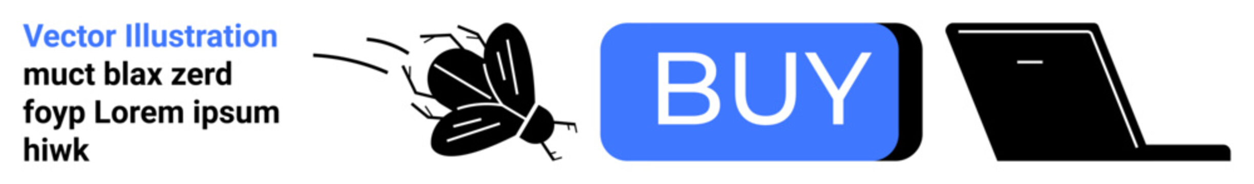 Insect flying towards buy button and laptop, representing software bug fixing. Ideal for tech services, software companies, debugging tools, online purchasing, digital solutions, tech support