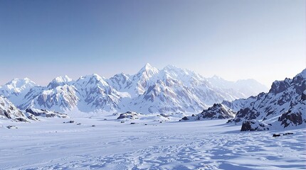 Obraz premium Snow-clad mountain range in the background with empty panoramic foreground, serene mountainside, empty landscape, icy peaks, calm atmosphere