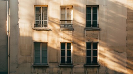 Fototapeta premium Parisian minimalist building, modern facade, facing a wall with windows and doors, warm sunlight, tranquil urban scene, no people visible.