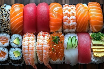 Assortment of Colorful Sushi Rolls and Nigiri