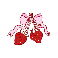 Coquette pretty charming pink bow with sweet red strawberry. Elegant bow knot, gift bow. Beautiful holiday decorative element, festive present decor. Vintage hand drawn clipart