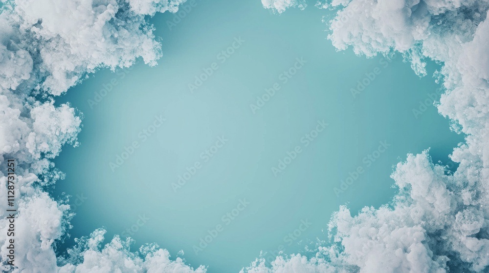 Poster a serene sky scene framed by fluffy clouds, creating a calm and inviting atmosphere.