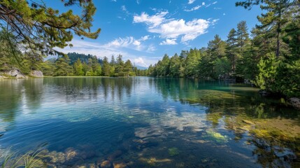 Obraz premium High-end photography of a tranquil lake surrounded by pine trees, with a clear blue sky and calm water