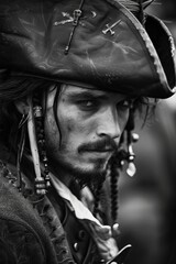 Fototapeta premium Portrait of a very handsome brutal pirate. Black and white filter. Vertical image orientation