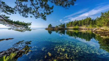 High-end photography of a tranquil lake surrounded by pine trees, with a clear blue sky and calm water