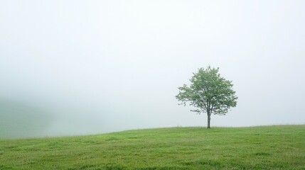 Fototapeta premium A solitary tree stands in a foggy landscape, evoking tranquility and solitude.