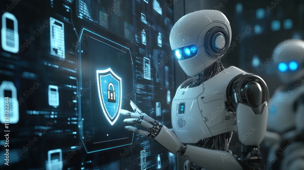 Aufkleber robot activating digital security shield on futuristic interface. (1)