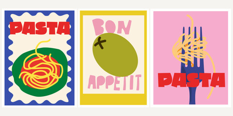 Italian vector dishes. Abstract bright posters in retro style. Flat banners for wall decor, prints and wallpaper. Vintage home decor posters. Noodle and pizza