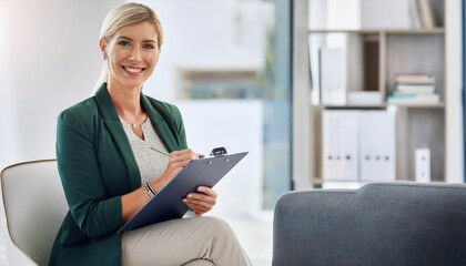 Woman, therapist portrait and checklist for counselling, help and clipboard for support in office. Psychologist, healthcare for mental health consultation 