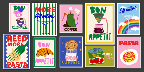 Abstract bright posters in retro style. Decor for wallpaper, walls and postcards. Vintage home decor food and drink banners set. Pasta, Martini, coffee, croissant and baking. Modern text