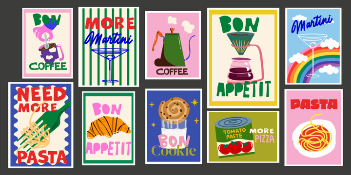 Abstract bright posters in retro style. Decor for wallpaper, walls and postcards. Vintage home decor food and drink banners set. Pasta, Martini, coffee, croissant and baking. Modern text