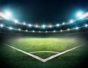 textured soccer game field with neon fog - center, midfield. Empty soccer stadium with spotlight and fan tribune football team. Concept of live sport events, 