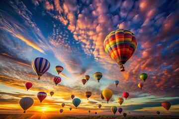 Obraz premium Captivating Long Exposure of Colorful Balloons Gliding through a Dreamy Sky at Twilight, Perfect for Travel Enthusiasts and Adventure Seekers in Search of Serene Landscapes