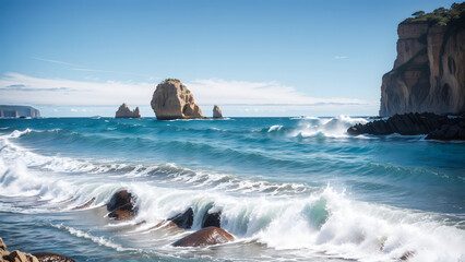 Obraz premium Waves and Rocks Nature’s Masterpiece Wallpaper