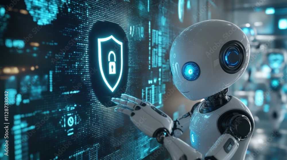 Poster robot activating digital security shield on futuristic interface.