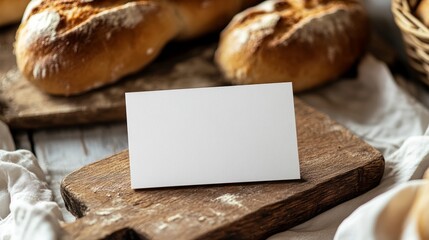 Blank business card on the serving board with bread bakery branding mockup empty space to display your logo or design