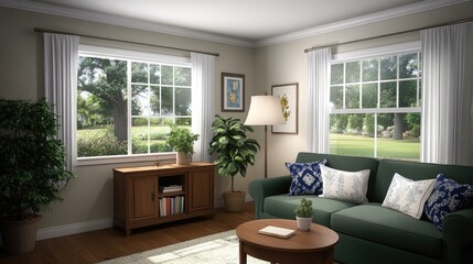 Fototapeta premium Stylish living room features a green sofa with blue cushions, round coffee table, and modern decor in Scandinavian design