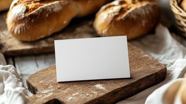 Blank business card on the serving board with bread bakery branding mockup empty space to display your logo or design