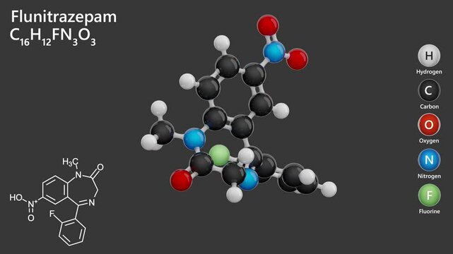 Flunitrazepam. Animated 3D model of a molecule. Molecular formula: C16H12FN3O3. Chemical model: Ball and stick. Gray background. 3D rendering. Seamless loop.
