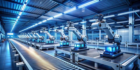 Fototapeta premium A Modern Assembly Line Featuring Robotic Arms Working in Unison to Streamline Production