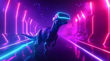 Naklejka premium A vibrant, futuristic scene featuring a dinosaur wearing a VR headset, set against neon lights in a high-tech environment.