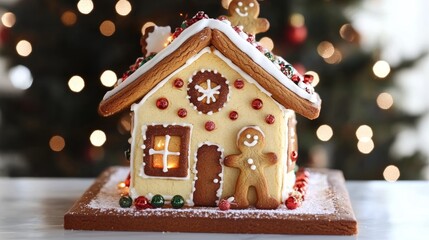 Christmas house made from ginger cookies with ginger man outside decorated in Christmas spirit with tree in background