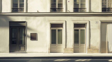 Obraz premium Parisian street view, modern minimalist architecture, full wall with windows and doors, warm sunlight, tranquil urban environment, no people visible.