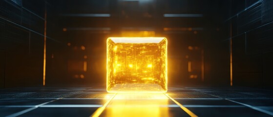 A glowing golden cube sits in a dark, futuristic environment, illuminated by soft light, creating an intriguing and captivating atmosphere.