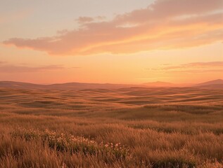 Fototapeta premium The setting sun casts a warm glow over the landscape, with soft oranges and pinks blending seamlessly into the horizon, serene atmosphere, landscape