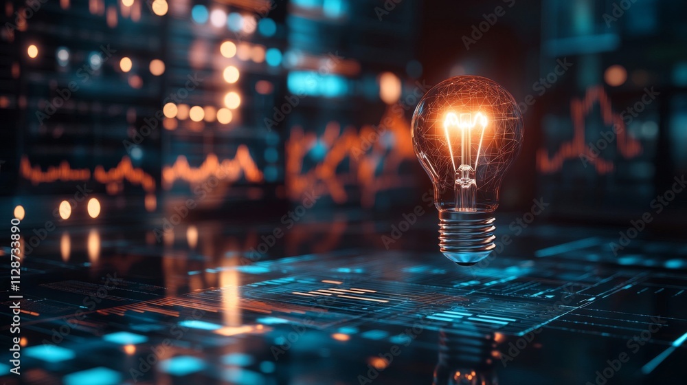 Poster glowing lightbulb hovering above digital interface
