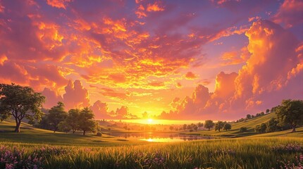 The sky is set aflame as the sun sets slowly over a peaceful landscape, casting a warm glow over the surrounding environment , flaming sunset sky, afternoon, warm colors, daybreak, gentle atmosphere