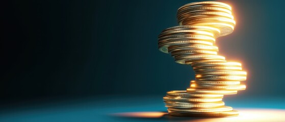 Obraz premium A stack of illuminated coins spirals upward, creating a visually striking display against a dark background, symbolizing wealth and finance.