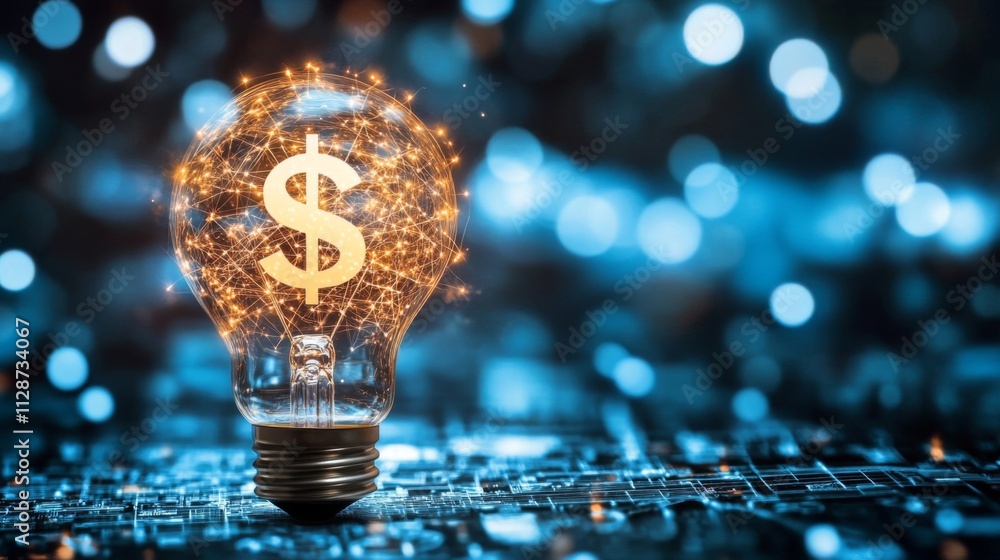 Poster illuminated light bulb with dollar sign inside and sparkles