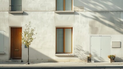Parisian street view, modern minimalist building, facing a wall with windows and doors, warm sunlight, tranquil urban setting, no people visible.