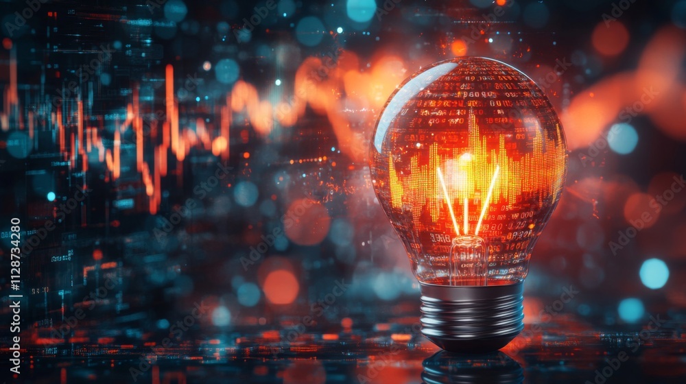 Poster illuminated lightbulb with digital data and red-orange glow