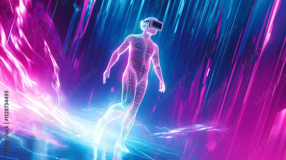 Poster a futuristic figure walks through a vibrant digital landscape filled with glowing patterns and casca