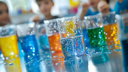 A kindergarten science experiment table where children are mixing colors in water and observing...