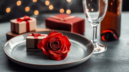 Romantic dinner table setting for Valentineâ€™s Day Rose flower on plate gift box bottle of win glasses